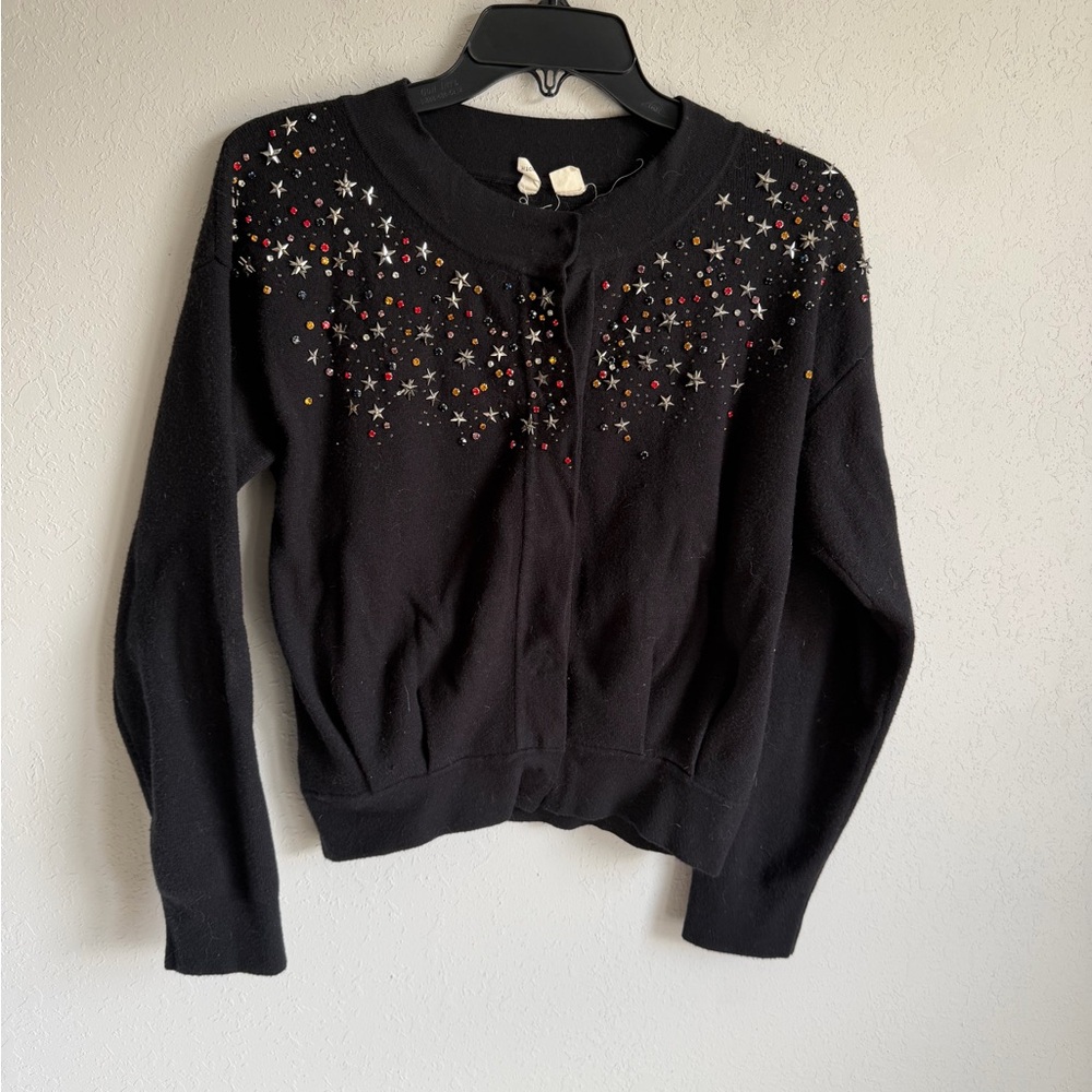 Moth Anthropologie Black Fallen Stars Beaded Button Boxy Cardigan Womens XS